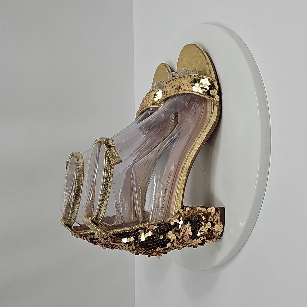 Steve Madden Carrson Sequin Block Heel Sandals 6 Gold Ankle Strap Formal Dress - Picture 2 of 14